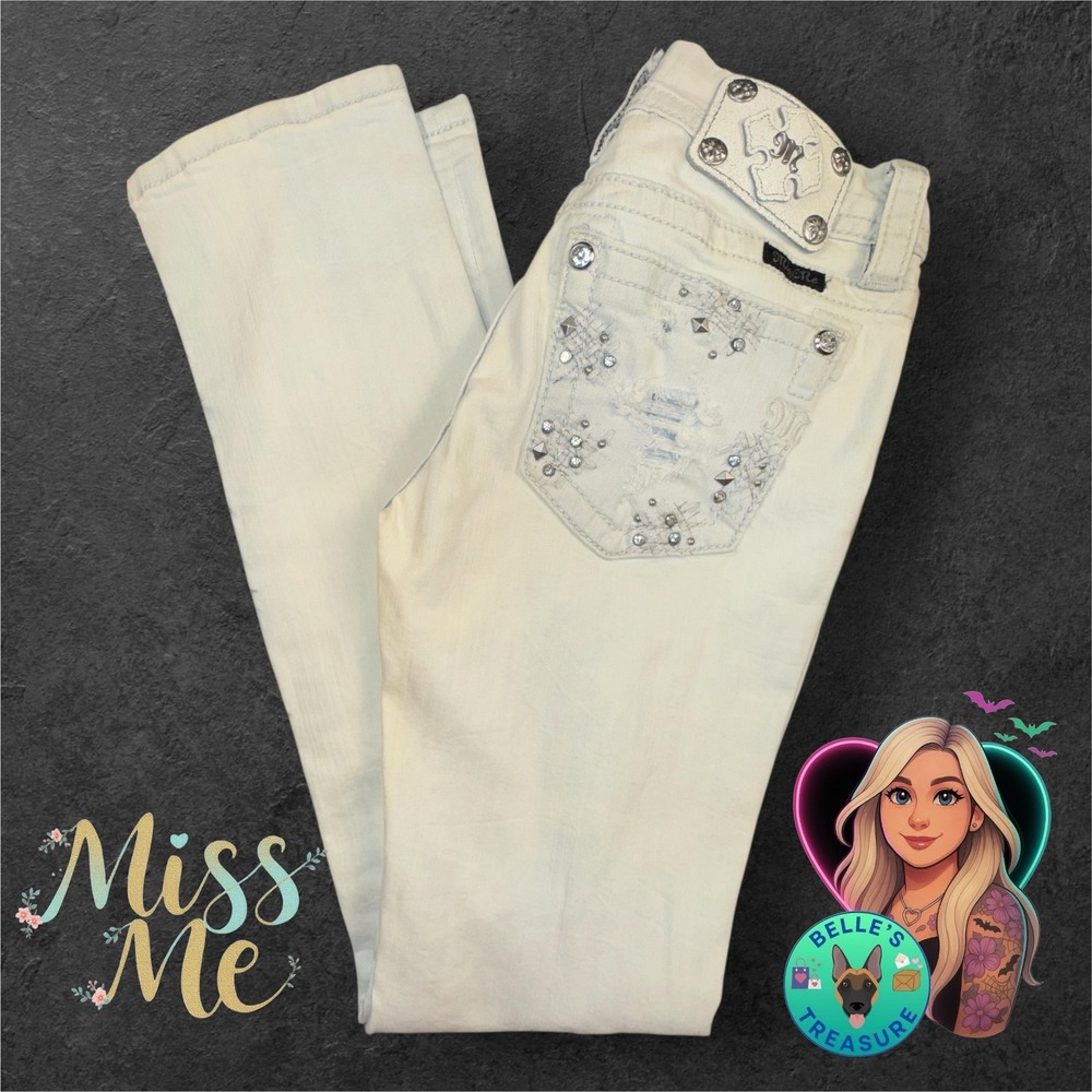 Miss Me Jeans Women's 26 Straight Acid Bleach Wash Studded‎ Rhinestone Grunge